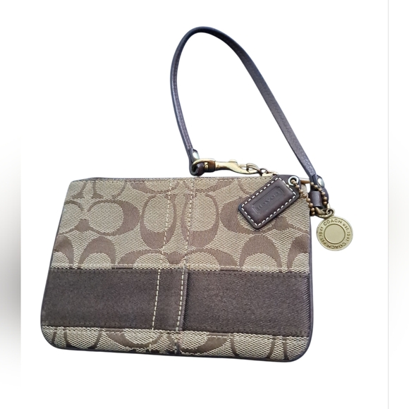 Coach Signature Khaki/Mahogany Brown Canvas Wristlet - Picture 1 of 5